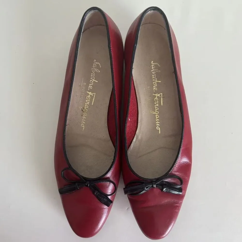 Salvatore Ferragamo Boutique Red Leather Bow Flats Shoes Womens Size 5.5 B Italy
